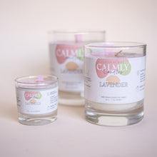 Load image into Gallery viewer, Calmly candles crafted by hand soy wax fragrance candles. 100% essential oil lavender soy candles in 3 sizes, 30cl, 20cl and 4cl. Hand poured in Surrey, UK. Vegan and cruelty free. 100% cotton wick. Calming candles for anxiety
