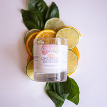 Load image into Gallery viewer, 20cl Lime Basil and Mandarin Soy Wax Candle with an elegant and fun label. Calmly candles crafted by hand soy wax fragrance candles. Similar scent / dupe scent to Jo Malone candle.Lime Basil and Mandarin scented soy candles in 3 sizes, 30cl, 20cl and 4cl. Hand poured in Surrey, UK. Vegan and cruelty free. 100% cotton wick