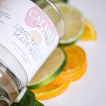Load image into Gallery viewer, 20cl Lime Basil and Mandarin Soy Wax Candle with an elegant and fun label. Calmly candles crafted by hand soy wax fragrance candles. Similar scent / dupe scent to Jo Malone candle.Lime Basil and Mandarin scented soy candles in 3 sizes, 30cl, 20cl and 4cl. Hand poured in Surrey, UK. Vegan and cruelty free. 100% cotton wick
