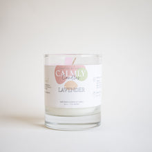 Load image into Gallery viewer, 20cl Lavender Essential Oil Soy Wax Candle with an elegant and fun label. Calmly candles crafted by hand soy wax fragrance candles. 100% essential oil lavender soy candles in 3 sizes, 30cl, 20cl and 4cl. Hand poured in Surrey, UK. Vegan and cruelty free. 100% cotton wick. Calming candles for anxiety