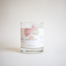 Load image into Gallery viewer, 30cl Fresh Linen Soy Wax Candle with an elegant and fun label. Calmly candles crafted by hand soy wax fragrance candles. Fresh Linen scented soy candles in 3 sizes, 30cl, 20cl and 4cl. Hand poured in Surrey, UK. Vegan and cruelty free. 100% cotton wick